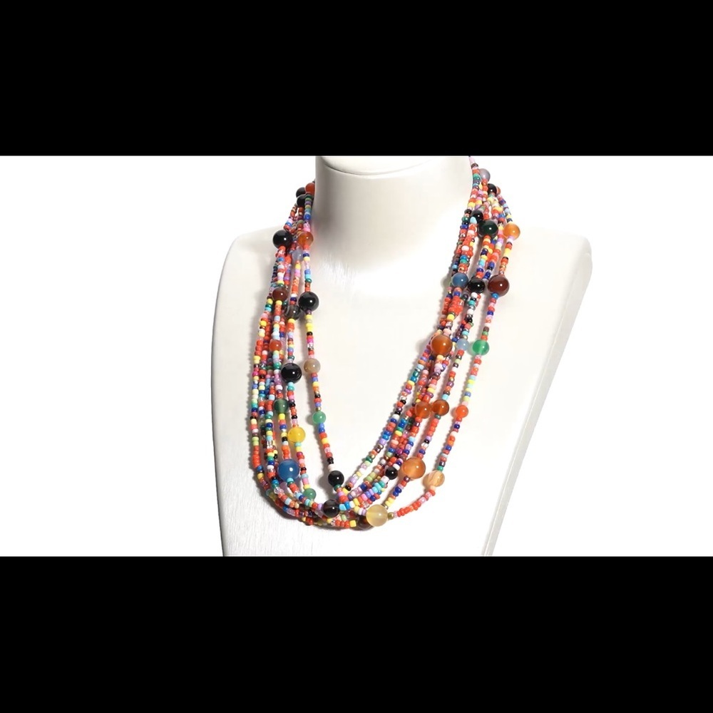 Multi Agate and Simulated‎ Multi Color Pearl Twisted Row Beaded Station Necklace